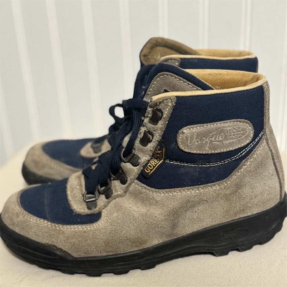 Vintage Vasque Gore-Tex Hiking Boots Gray Navy‎ Suede Skywalk Made Italy 7.5M - Picture 2 of 8